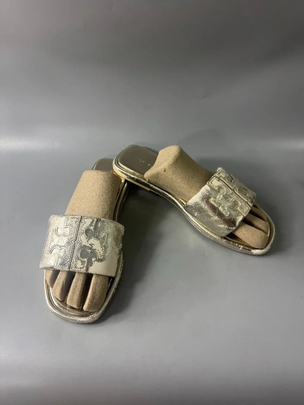TORY BURCH Double T Sport Metallic Slide Sandals In Spark Gold- Size US 8